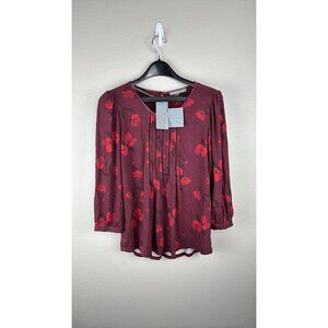 Daniel Rainn - Medium - Maroon Blouse, Red Floral, Pleated Front, 3/4 Sleeves
